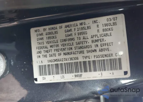 2007 Honda Accord 2.4 Lx z USA, uszkodzony, nr VIN 1HGCM56427A136306